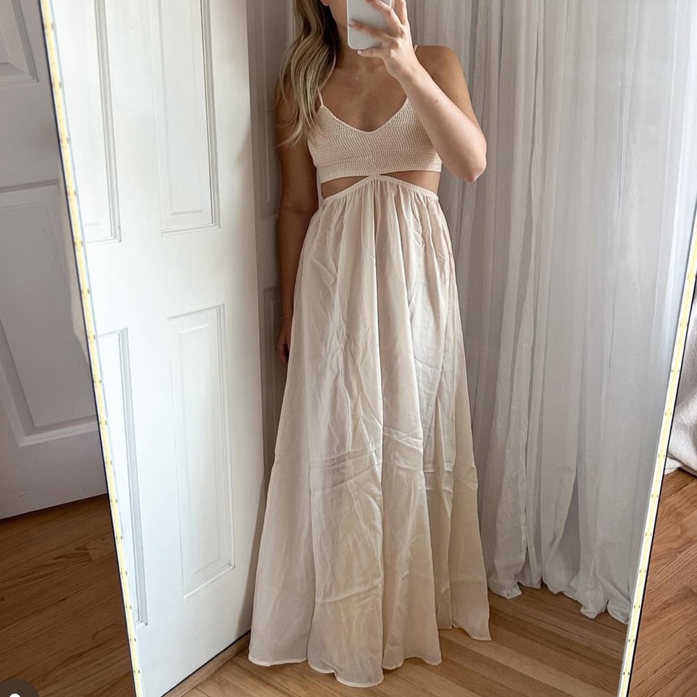 Indah Innocence Solid Smocked Maxi Dress in Opal